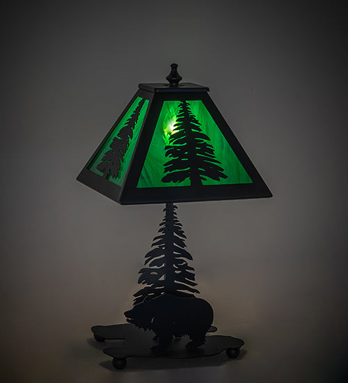 Meyda Lighting Lone Grizzly Bear 15" Textured Black Accent Table Lamp With Green Shade Glass