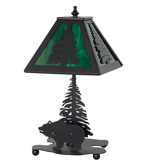 Meyda Lighting Lone Grizzly Bear 15" Textured Black Accent Table Lamp With Green Shade Glass