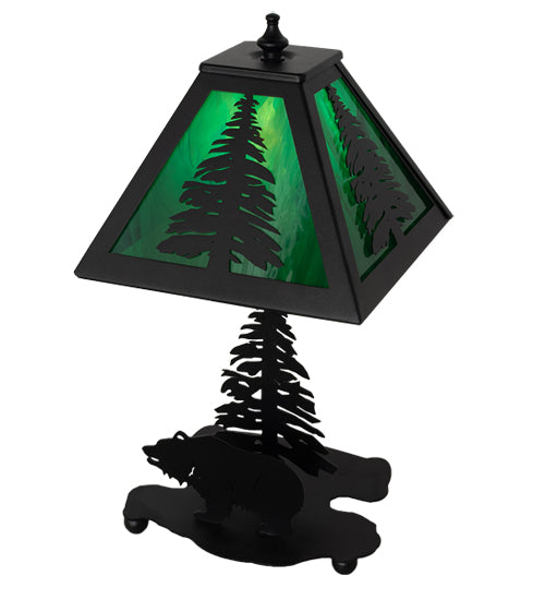 Meyda Lighting Lone Grizzly Bear 15" Textured Black Accent Table Lamp With Green Shade Glass