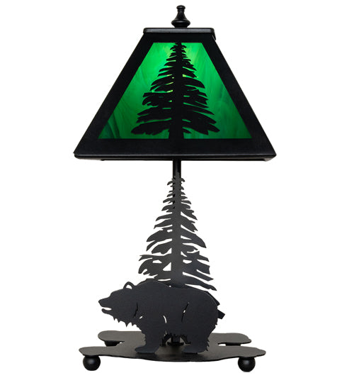 Meyda Lighting Lone Grizzly Bear 15" Textured Black Accent Table Lamp With Green Shade Glass