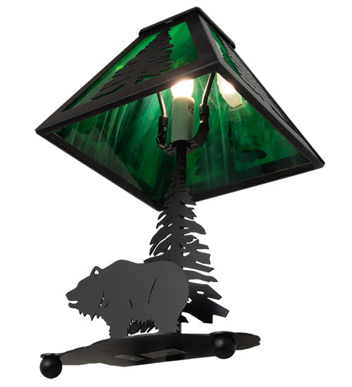 Meyda Lighting Lone Grizzly Bear 15" Textured Black Accent Table Lamp With Green Shade Glass