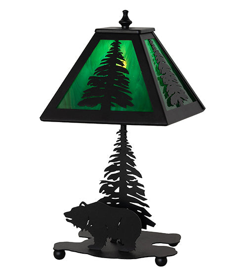 Meyda Lighting Lone Grizzly Bear 15" Textured Black Accent Table Lamp With Green Shade Glass