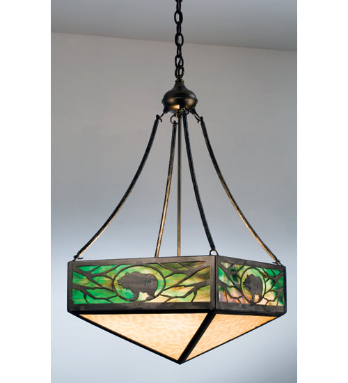 Meyda Lighting Lone Grizzly Bear 26" 6-Light Antique Copper Inverted Pendant Light With Green & Beige Shade Glass