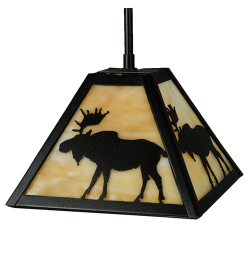 Meyda Lighting Lone Moose 12" Textured Black Mini Pendant Light With Beige Art Shade Glass
