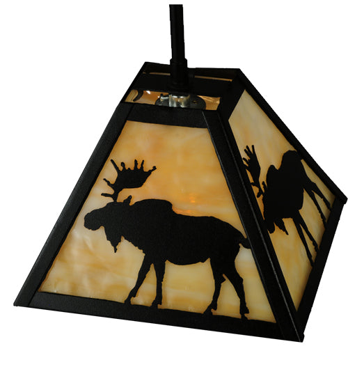 Meyda Lighting Lone Moose 12" Textured Black Mini Pendant Light With Beige Art Shade Glass