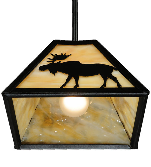 Meyda Lighting Lone Moose 12" Textured Black Mini Pendant Light With Beige Art Shade Glass