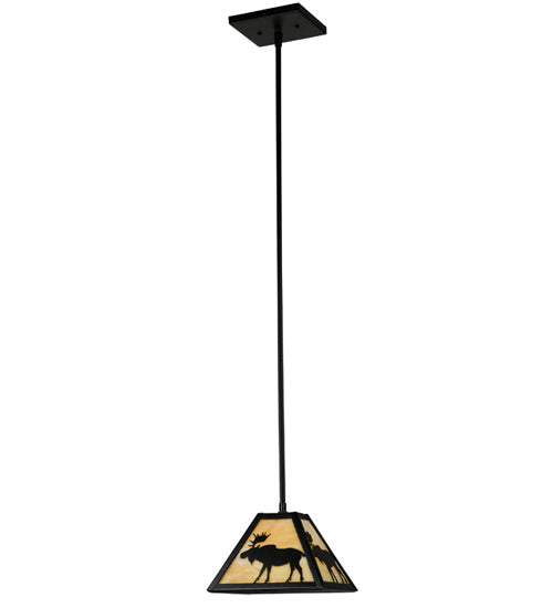 Meyda Lighting Lone Moose 12" Textured Black Mini Pendant Light With Beige Art Shade Glass