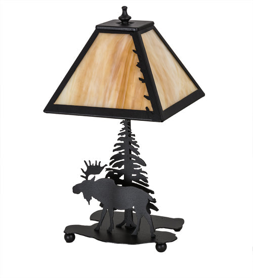 Meyda Lighting Lone Moose 16" Textured Black Accent Table Lamp With Beige Art Shade Glass