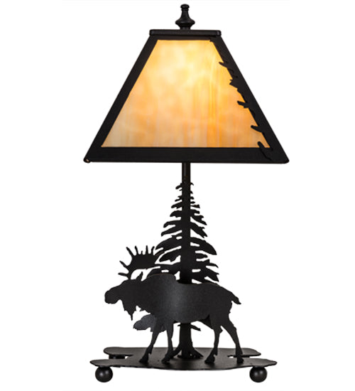 Meyda Lighting Lone Moose 16" Textured Black Accent Table Lamp With Beige Art Shade Glass