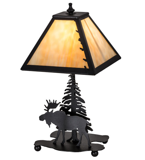 Meyda Lighting Lone Moose 16" Textured Black Accent Table Lamp With Beige Art Shade Glass