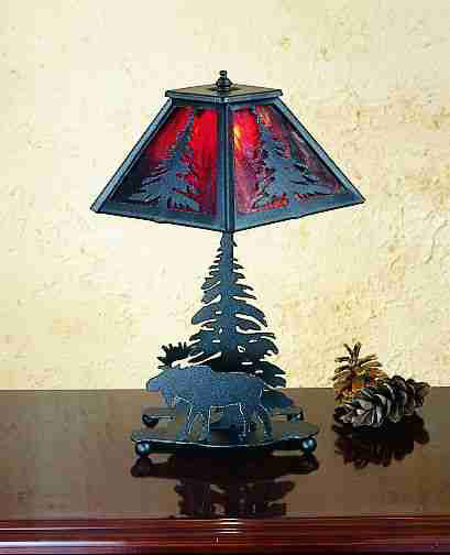 Meyda Lighting Lone Moose 16" Textured Black Accent Table Lamp With Red Shade Glass