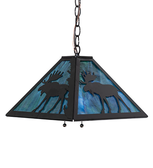 Meyda Lighting Lone Moose 18" 2-Light Textured Black Pendant Light With Blue Green Shade Glass
