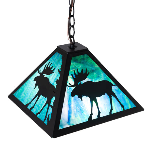 Meyda Lighting Lone Moose 18" 2-Light Textured Black Pendant Light With Blue Green Shade Glass