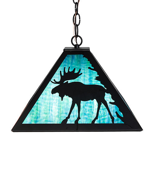 Meyda Lighting Lone Moose 18" 2-Light Textured Black Pendant Light With Blue Green Shade Glass
