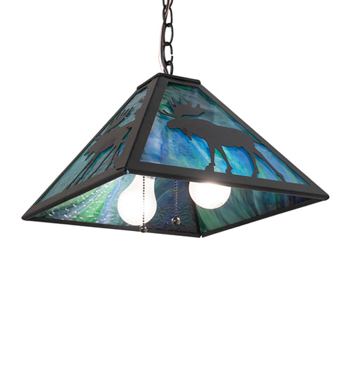 Meyda Lighting Lone Moose 18" 2-Light Textured Black Pendant Light With Blue Green Shade Glass