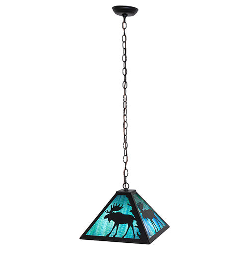Meyda Lighting Lone Moose 18" 2-Light Textured Black Pendant Light With Blue Green Shade Glass