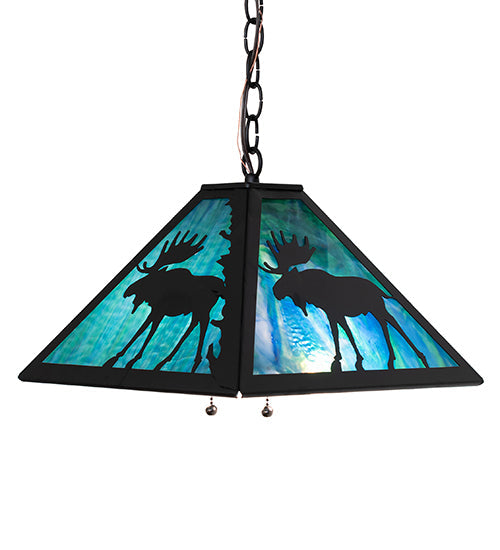 Meyda Lighting Lone Moose 18" 2-Light Textured Black Pendant Light With Blue Green Shade Glass