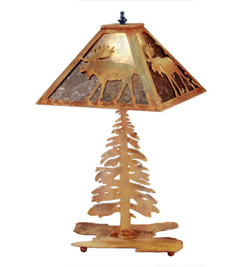 Meyda Lighting Lone Moose 21" 2-Light Hand Painted Rust Table Lamp With Silver Mica Shade Glass