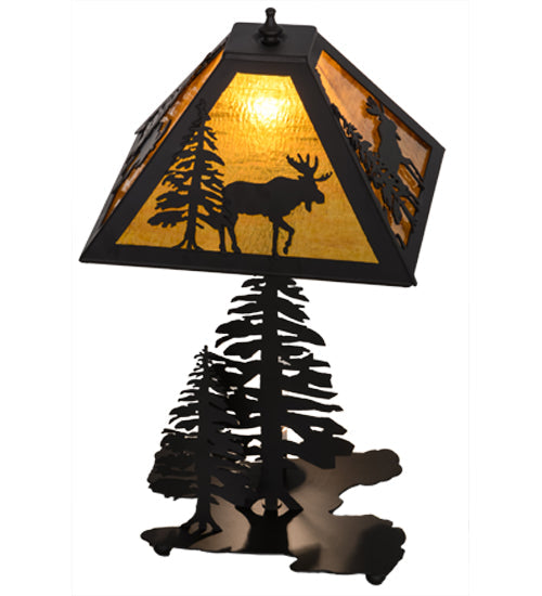 Meyda Lighting Lone Moose 21" 2-Light Oil Rubbed Bronze Table Lamp With Honey Amber Art Shade Glass and Lighted Base