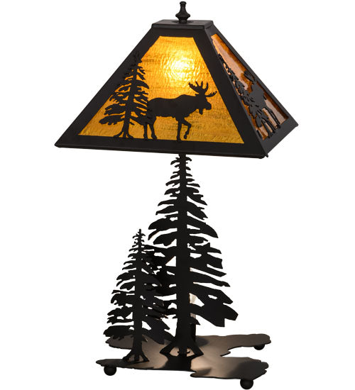 Meyda Lighting Lone Moose 21" 2-Light Oil Rubbed Bronze Table Lamp With Honey Amber Art Shade Glass and Lighted Base