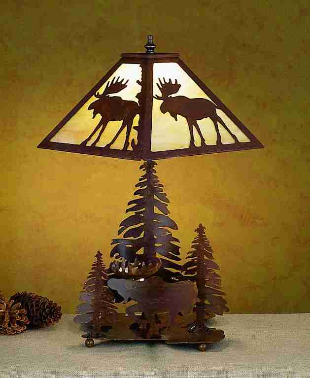 Meyda Lighting Lone Moose 21" 2-Light Rust Table Lamp With Beige Iridescent Shade Glass