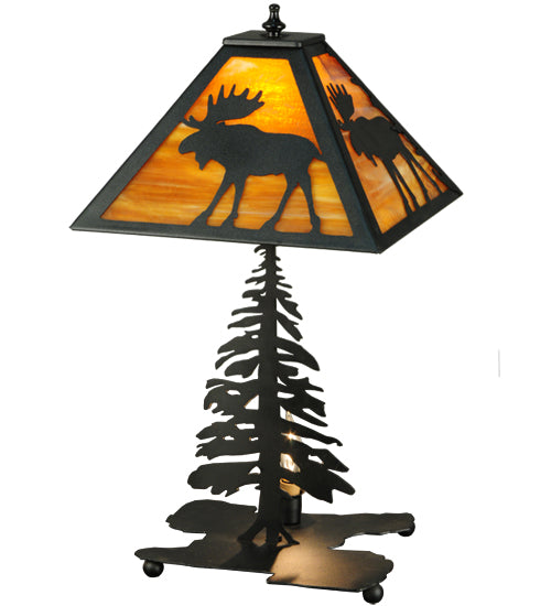 Meyda Lighting Lone Moose 21" 2-Light Textured Black Table Lamp With Beige Shade Glass