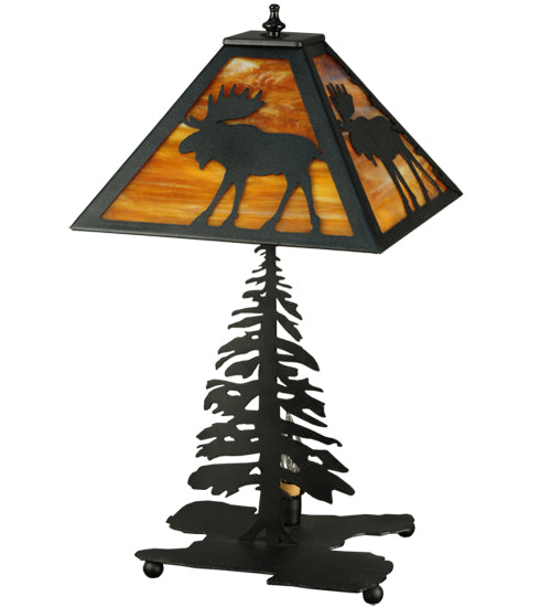 Meyda Lighting Lone Moose 21" 2-Light Textured Black Table Lamp With Beige Shade Glass