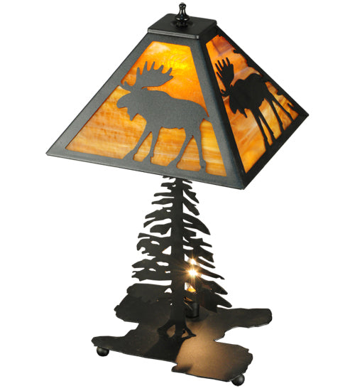 Meyda Lighting Lone Moose 21" 2-Light Textured Black Table Lamp With Beige Shade Glass