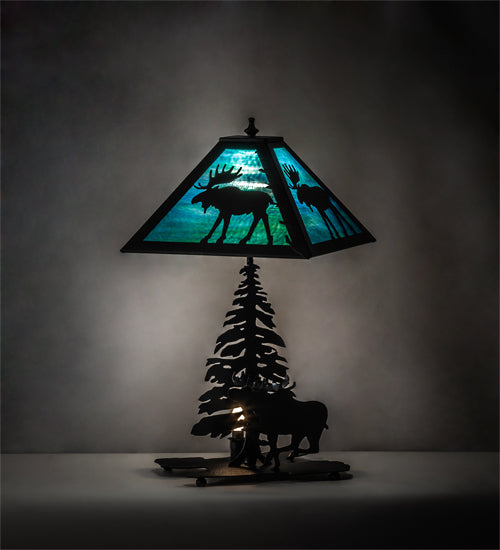 Meyda Lighting Lone Moose 21" 2-Light Textured Black Table Lamp With Green & Blue Shade Glass