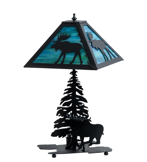 Meyda Lighting Lone Moose 21" 2-Light Textured Black Table Lamp With Green & Blue Shade Glass