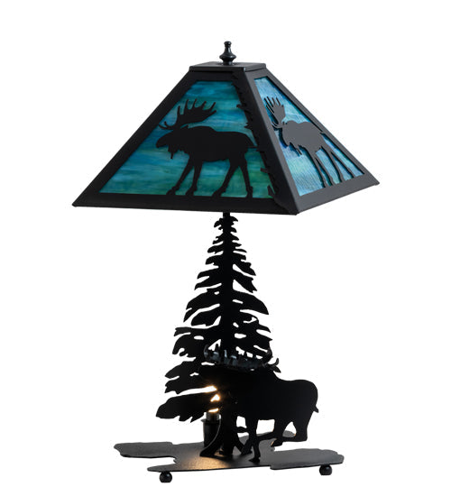 Meyda Lighting Lone Moose 21" 2-Light Textured Black Table Lamp With Green & Blue Shade Glass