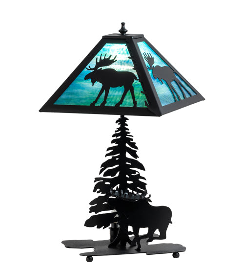 Meyda Lighting Lone Moose 21" 2-Light Textured Black Table Lamp With Green & Blue Shade Glass