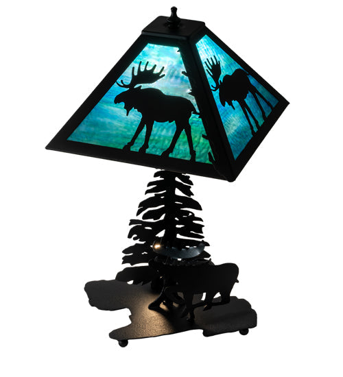 Meyda Lighting Lone Moose 21" 2-Light Textured Black Table Lamp With Green & Blue Shade Glass