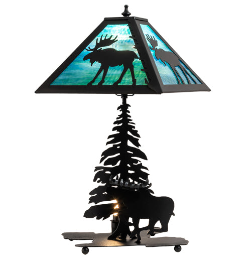 Meyda Lighting Lone Moose 21" 2-Light Textured Black Table Lamp With Green & Blue Shade Glass
