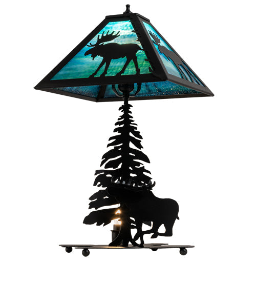 Meyda Lighting Lone Moose 21" 2-Light Textured Black Table Lamp With Green & Blue Shade Glass