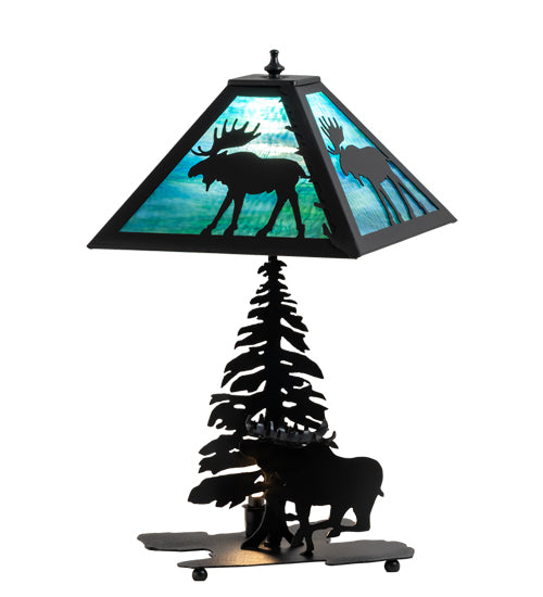 Meyda Lighting Lone Moose 21" 2-Light Textured Black Table Lamp With Green & Blue Shade Glass