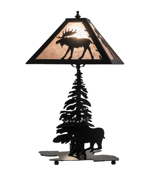 Meyda Lighting Lone Moose 21" 2-Light Textured Black Table Lamp With Silver Mica Shade Glass