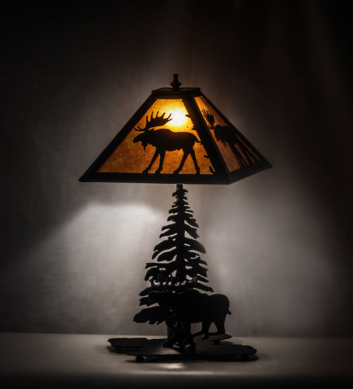 Meyda Lighting Lone Moose 228788 21" 2-Light Textured Black Table Lamp With Silver Mica Shade Glass