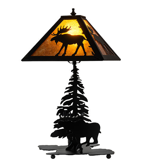 Meyda Lighting Lone Moose 228788 21" 2-Light Textured Black Table Lamp With Silver Mica Shade Glass