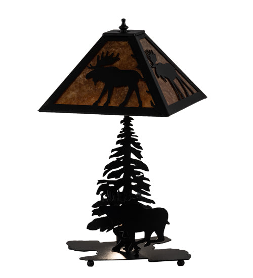 Meyda Lighting Lone Moose 228788 21" 2-Light Textured Black Table Lamp With Silver Mica Shade Glass