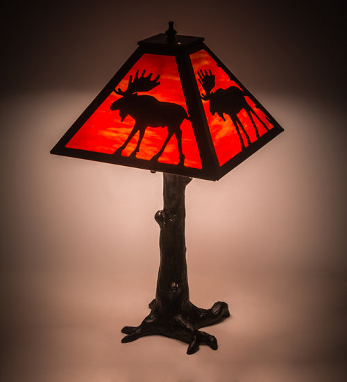 Meyda Lighting Lone Moose 24" 3-Light Textured Black Table Lamp With Orange Art Shade Glass
