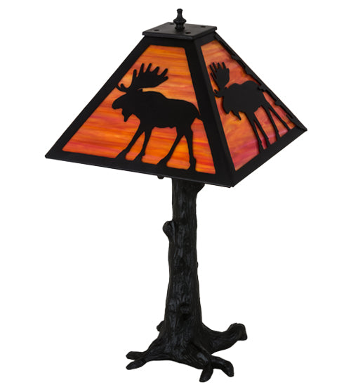 Meyda Lighting Lone Moose 24" 3-Light Textured Black Table Lamp With Orange Art Shade Glass
