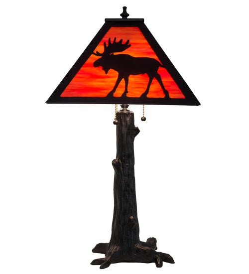 Meyda Lighting Lone Moose 24" 3-Light Textured Black Table Lamp With Orange Art Shade Glass