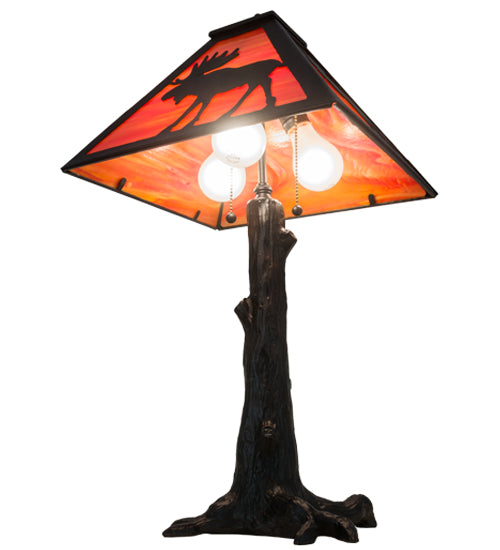 Meyda Lighting Lone Moose 24" 3-Light Textured Black Table Lamp With Orange Art Shade Glass
