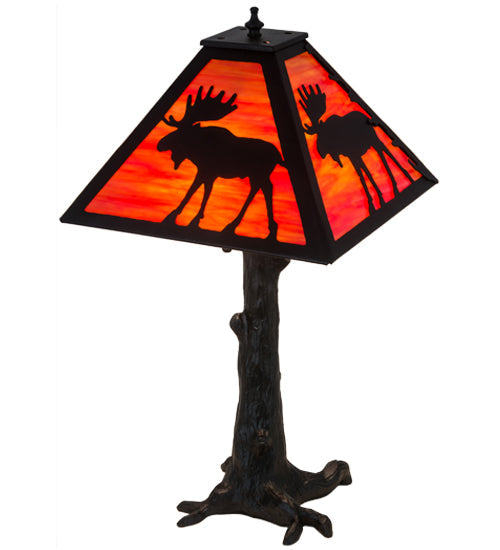 Meyda Lighting Lone Moose 24" 3-Light Textured Black Table Lamp With Orange Art Shade Glass