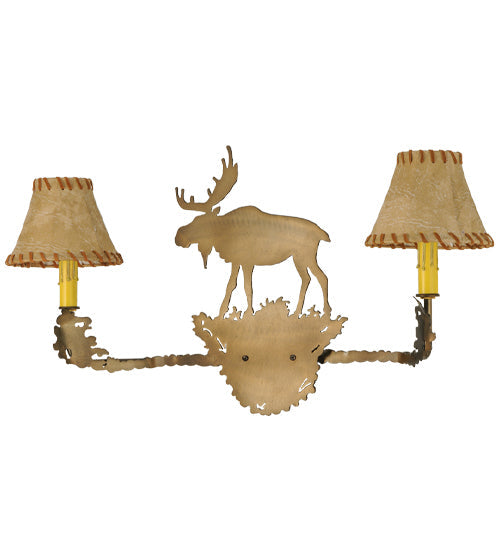 Meyda Lighting Lone Moose 27" 2-Light Antique Copper Wall Sconce With Beige Leather Fabric Shade