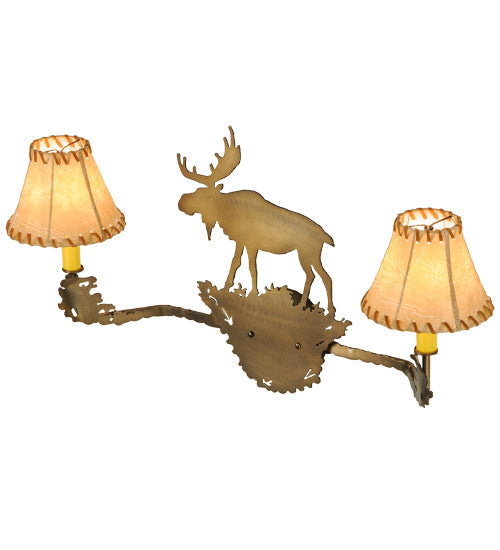 Meyda Lighting Lone Moose 27" 2-Light Antique Copper Wall Sconce With Beige Leather Fabric Shade
