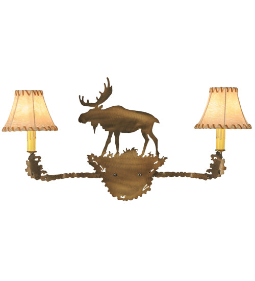 Meyda Lighting Lone Moose 27" 2-Light Antique Copper Wall Sconce With Beige Leather Fabric Shade