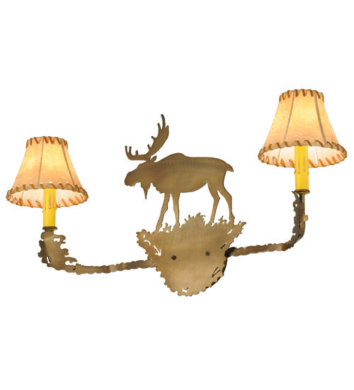 Meyda Lighting Lone Moose 27" 2-Light Antique Copper Wall Sconce With Beige Leather Fabric Shade