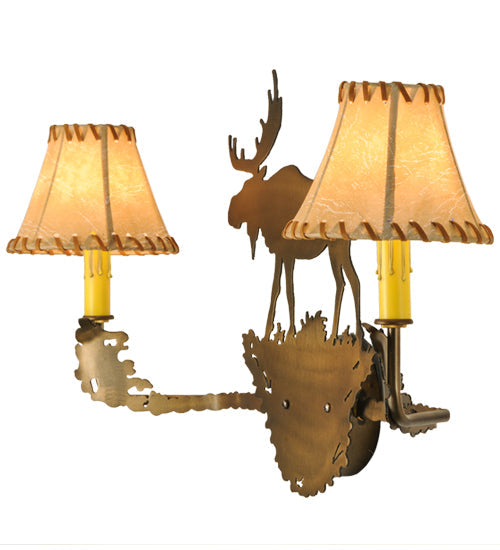 Meyda Lighting Lone Moose 27" 2-Light Antique Copper Wall Sconce With Beige Leather Fabric Shade